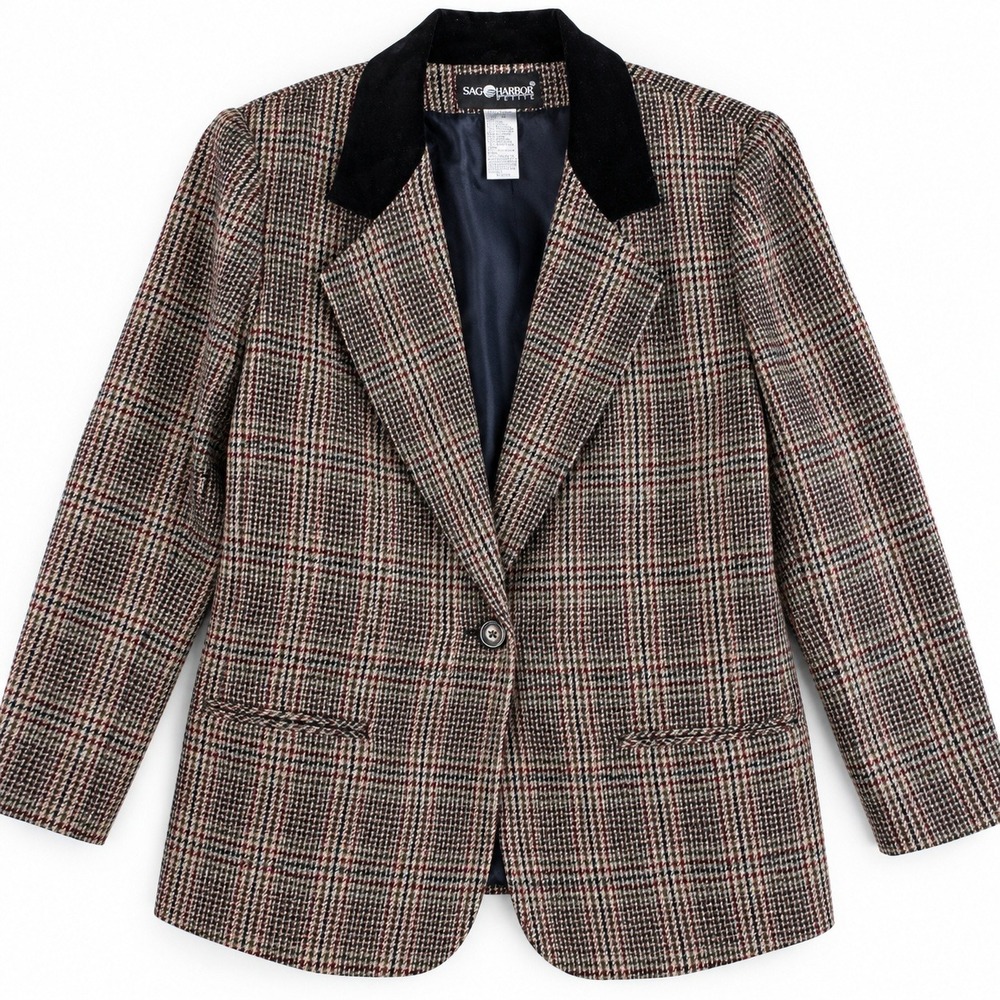 Sag Harbor Petite Blazer Vintage Glen Plaid Velvet Collar Brown Multi Size 16P